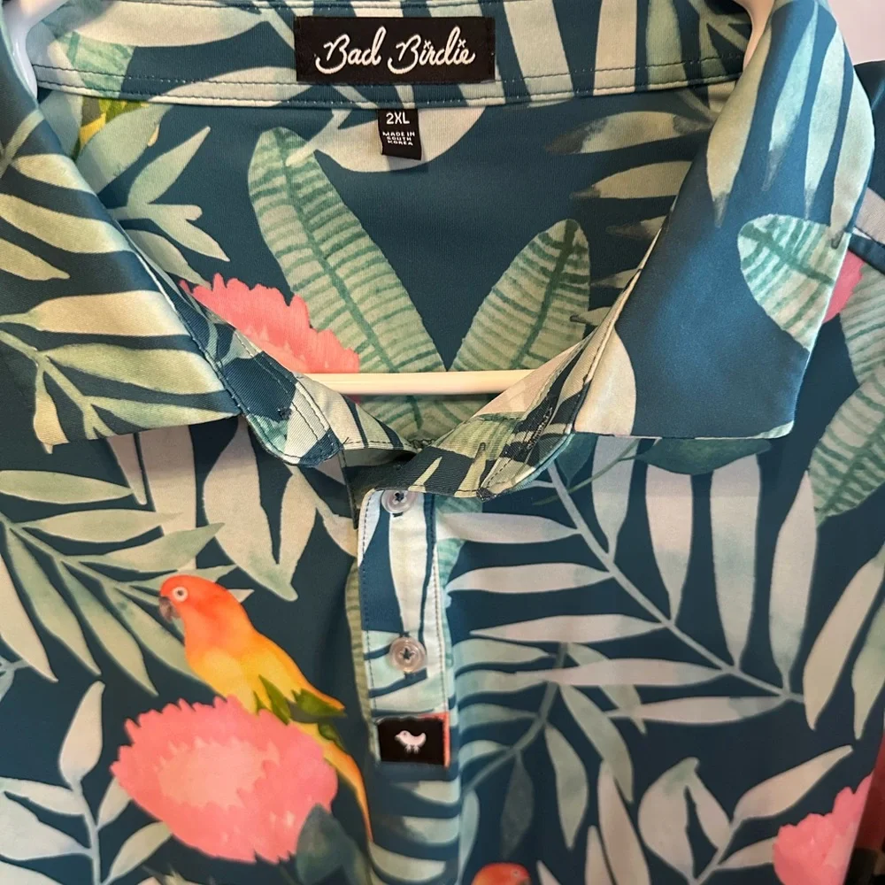 Bad Birdie Green and Pink Polo Shirt Vibrant Tropical Design - Picture 3 of 3